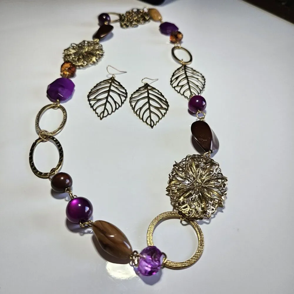 Gold Tone Autumn Colors Chunky Necklace & Leaf Earrings 42